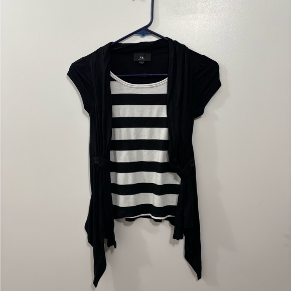 Iz byer vintage y2k 2 in 1 black cardigan and striped short sleeve shirt button - Picture 5 of 7